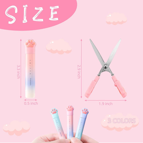 3 Pieces Cute Mini Scissors, Cartoon Cat Paw Stainless Steel Craft Scissors, Folding Stationery Scissors with Safety Cover, Portable Safety Scisso...