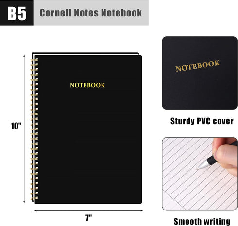 Cornell Notes Notebook, College Ruled Spiral Notebook B5 Hardcover Notebook for Note Taking Office School Black...