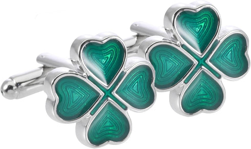 Green Four Leaf Clover Cufflinks for Men Lady In Gift Case Silver Good Luck Men's Cufflinks Jewelry Set for Wedding Party Anniversary Business Eve...