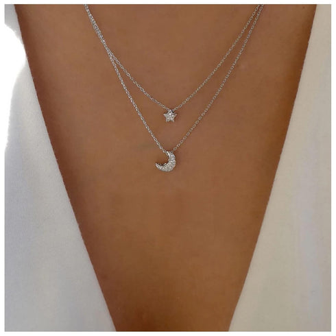 Bohemian Layered Crystal Star Moon Necklace Rhinestone Star Moon Pendant Necklace Silver Crescent Moon Choker Necklace Paved Cz Star Necklace Jewe...