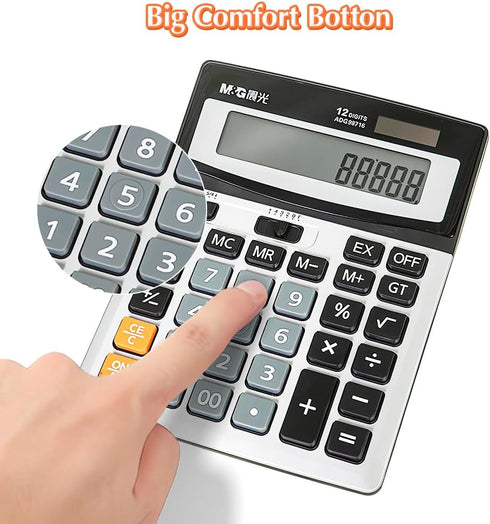 M&G Desk Calculator 12 Digit Extra Large LCD Display Calculator, Dual Solar Power and Battery, Battery Included, Metal Panel Comfort Button Calcul...