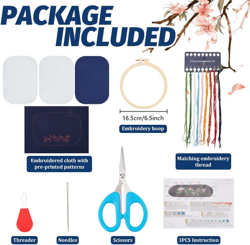 FREEBLOSS DIY Embroidery Pencil Case Embroidery Kit Dark Blue Pencil Case Making Kit Traditional Flower Style Embroidery Starter Kit with Instruct...