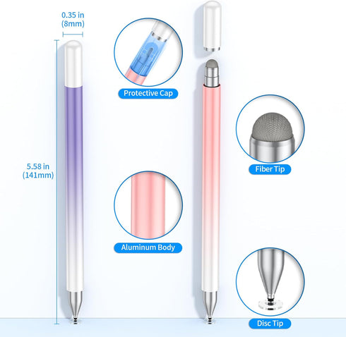(2 Pcs) Universal Stylus Pens High Sensitivity Disc & Fiber Tip Pencils Compatible with Apple/iPhone/iPad/Android/Tablets and All Capacitive Touch...
