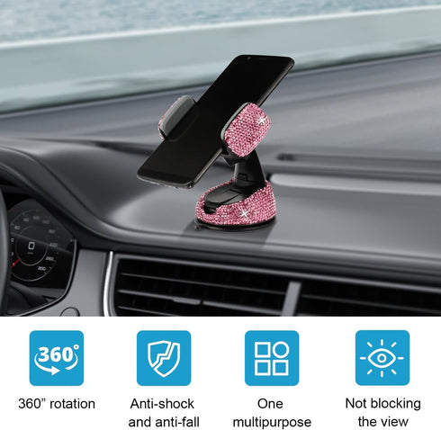 Bling Car Phone Holder, 360° Adjustable Crystal Car Phone Holder, Car Interior Accessory with One More Air Vent Base, Universal Phone Holder for D...