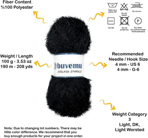 Eyelash Sparkle Fun Fur Yarn with Eye-catching Glitter 100 Gram (3.53 Ounces) 208 Yards (190 Meters) (Black)......