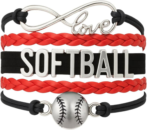 Softball Charm Bracelet (Black/Red) Bracelets, Adjustable Bracelet with Softball Charm. Braided Bracelets for Softball Players, Softball Team, and...