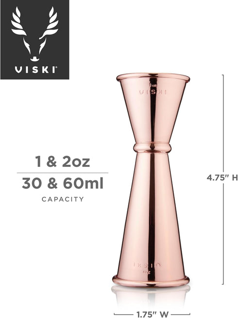 Viski Japanese Style Double Jigger for Cocktails, Bar Kit Essential, 1oz and 2oz with Interior Measurements, Rose Copper...