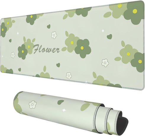Desk Mat, Kawaii Green Flower Extended Gaming Mouse Pad Large, 31.5"x11.8" Big Mouse Pad with Non-Slip Base and Stitched Edge, Long Computer Keybo...