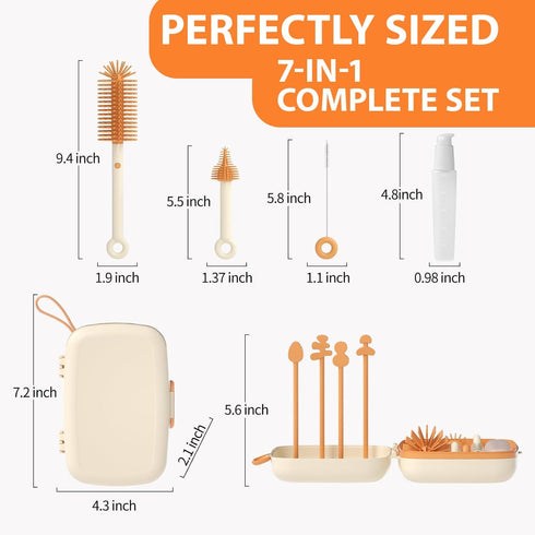 Travel Bottle Cleaner kit, 7in1 Baby Travel Essential Silicone Travel Bottle Brush Set, Nipple, Drying Rack, Straw, & Breast Pump Cleaning, Soap D...