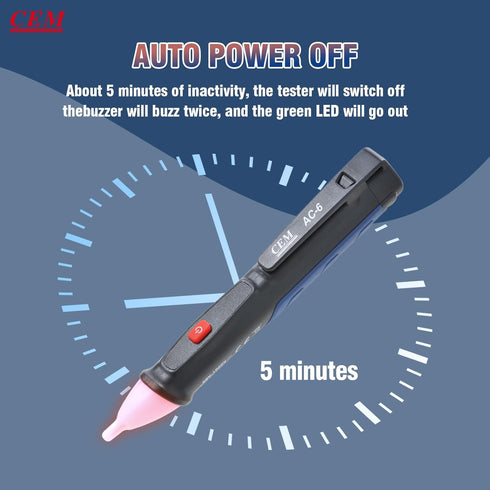 Non-Contact Voltage Detector Pen, CEM AC-6 Voltage Tester, 50V to 1000V AC, Audible and Flashing LED Alarms, Pocket Clip, Green, Red, 5.3X 0.74x0....