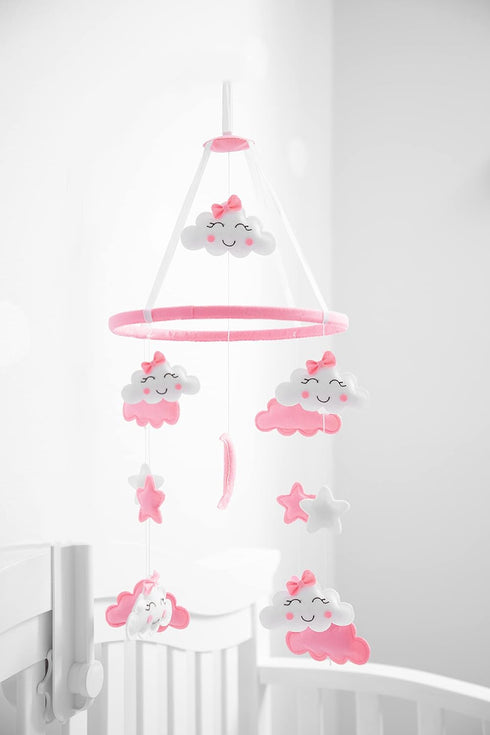 Crib Mobile, Hanging Toys, Nursery Decor for Girls White and Pink Room Decorations, Clouds, Moons and Stars Safe, Non-Toxic, Crib Mobile for Newbo...