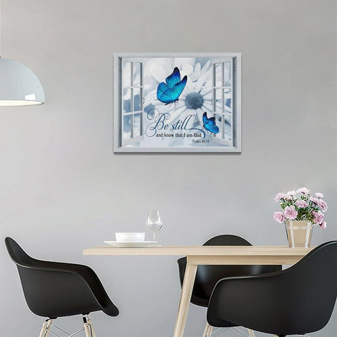 Farmhouse Blue Butterfly Flower Decor Wall Art Rustic Country Window Be Still And Know That I Am God Pictures Wall Decor Canvas Painting Prints Ar...