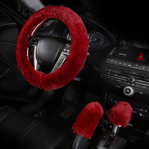 Car Steering Wheel Cover with Handbrake Cover & Gear Shift Cover Cxtiy Fashion Steering Wheel Wrap Fluffy Soft and Warm in Winter Diameter 14.96" ...