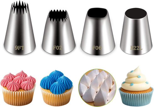Suuker extra large piping tips set (F02 F06 9FT R22L), stainless steel round piping tip,large star square wide jumbo piping tips,eclair churro mer...