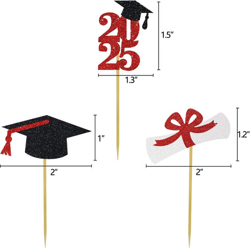 Glitter Graduation Cupcake Toppers Red Party Decorations Class of Congrats Cake Picks Supplies 24 Pack...