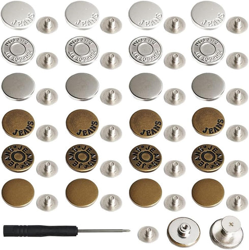 24 Sets Button Pins for Jeans, No-Sew Nailess Removable Instant Jean Button Pins for Pants, Reusable and Adjustable - Removable Screwdriver Includ...