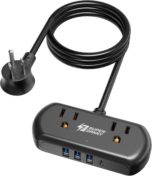 2Ft Extension Cord, SUPERDANNY Mini Surge Protector with 2 Wide-Spaced Outlets, USB Power Strip, 3 USB-A 1 USB-C, Flat Plug, Compact Size Desktop ...