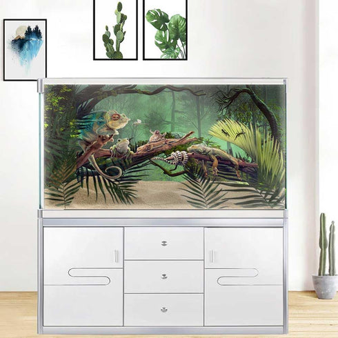 Forest Aquarium Background, Tropical Green Trees Stone Reptile Habitat Background, Foggy Rainforest Fish Tank Background Cloth, 48X24 inches Polye...