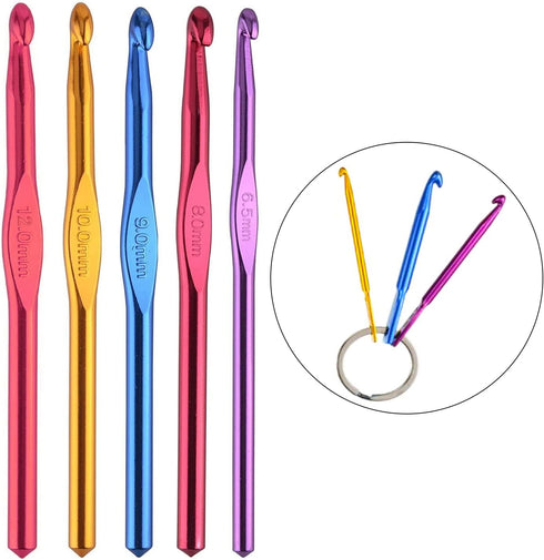Large Size Aluminum Crochet Hook Set 6.5m(K)/8mm(L)/9mm(M)/10mm(N)/12mm(O) Knitting Needles Craft Weave Yarn Set - Mini Keychain Set Included...