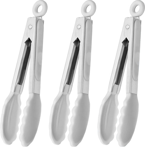 Mini Tongs with Silicone Tips 7-Inch Kids Serving Tongs, Set of 3 (White)...