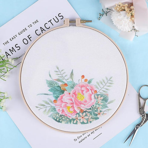 FOXTEMO Embroidery Kit for Beginners Adults, 1 Pack 20CM Embroidery Hoops, Flowers Embroidery Pattern Beginner Embroidery Kit with Needles and Thr...
