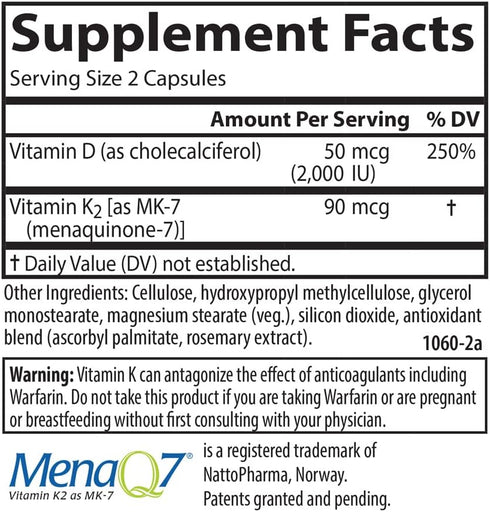 Carlson - Vitamin D3 + K2, 50 mcg (2000 IU) Vitamin D3 & 90 mcg Vitamin K2 as MK7, Bone Support, Calcium Absorption, 30 Capsules...