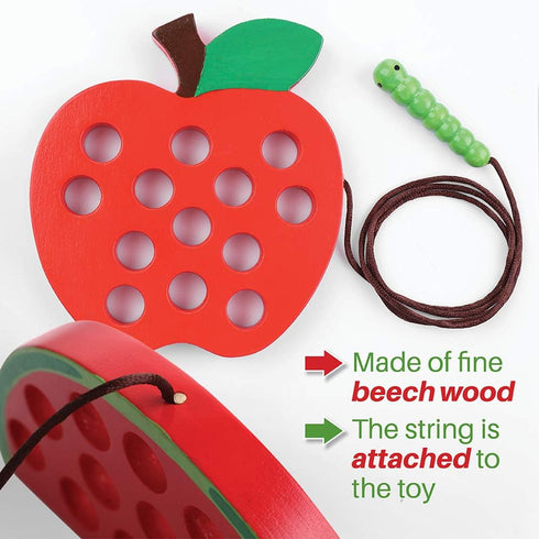KLT Lacing Toy for Toddlers, Wooden Threading Toys, 1 Apple and 1 Watermelon with Bag, Educational and Learning Montessori Activity for Baby and K...