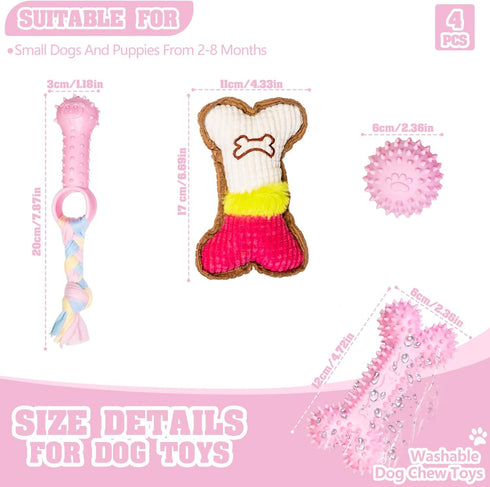4 Pack Puppy Chew Toys for Teething Small Dogs, Pink Soft Rubber Dog Teething Toys Set for Puppies, Cute Squeaky Dog Toys for Small Breed Cleaning...