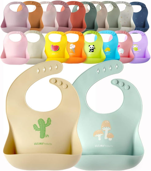 2-Pack Waterproof Silicone Baby Bib Lightweight Comfortable Easy-Wipe Clean (Beige/Sage, Large)...