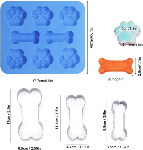Set of 5, Silicone Molds Puppy Dog Paw & Bone Shaped 2 in 1 and Stainless Steel Bone Cookie Cutter,for Homemade Treats and Cat Animal Paw Ice Cand...