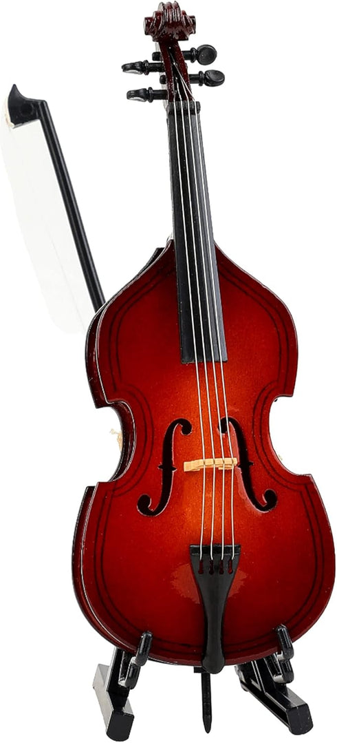 Dselvgvu Wooden Miniature Double Bass with Stand,Bow and Case Mini Contrabass Replica Mini Musical Instrument Collectible Miniature Dollhouse Mode...