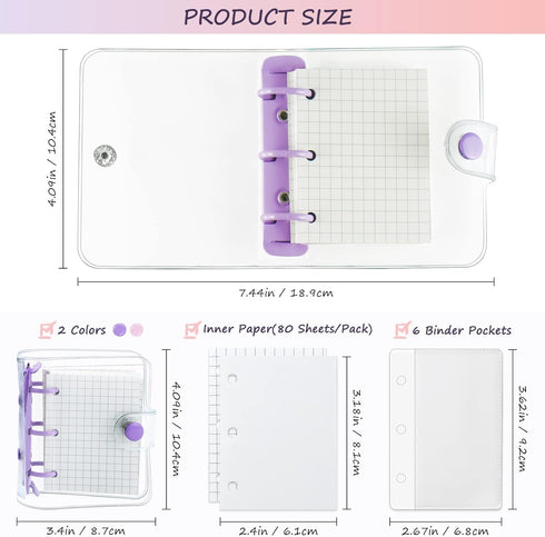 2 Pack Mini Transparent 3 Ring Binder Covers with Binder Inner Paper and Pockets, Clear Soft PVC Notebook Closure Loose Leaf Folder with Snap Butt...