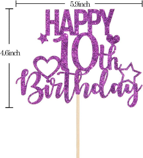 Purple Glitter Happy 10th Birthday Cake Topper for Cheers to 10 Years - Children's Birthday Party Cake Decorations...