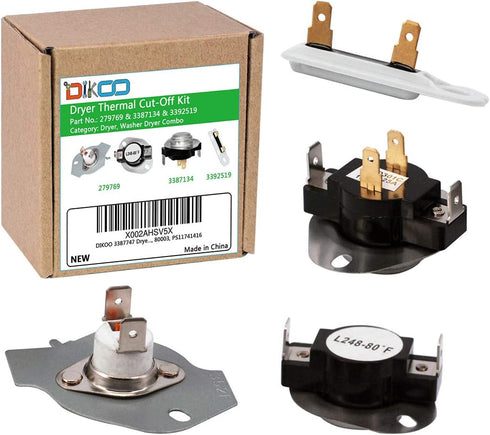 DIKOO 279769 Dryer Thermal Cut-Off Kit and 3392519 Dryer Thermal Fuse and 3387134 Dryer Thermostat Kit Compatible for Whirlpool Dryers Replaces 3977394 3390291 AP6008325 PS345113