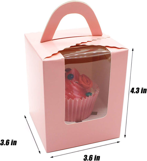 50 Pcs Pink Paper Cupcakes Boxes,Portable Single Individual Cupcake Gift Boxes with Window Inserts Handle for Wedding Candy Boxes (Pink)...