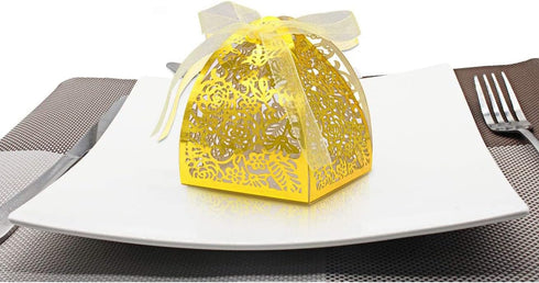 KPOSIYA Pack of 100 Laser Cut Rose Candy Boxes, Favor Boxes 2.5"x 2.5"x 3.1", Gift Boxes Bridal Shower Anniverary Birthday Party Wedding Favor (10...