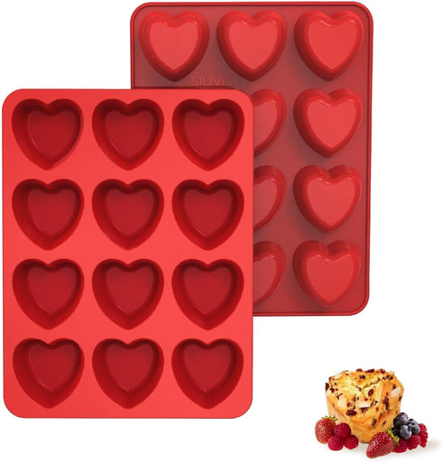 SILIVO Silicone Heart Shaped Muffin Pan (2 Pack) - Mini Heart Shaped Silicone Molds for Baking, Nonstick Heart Shaped Cupcake Pan for Brownies, Ta...