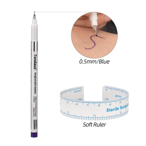 10pcs Tattoo Marker Pen, Surgical Microblading Marker Pen with Paper Ruler, Waterproof Disposable Tattoo Marker for Skin, Eyebrow, 0.5mm Head, Blu...