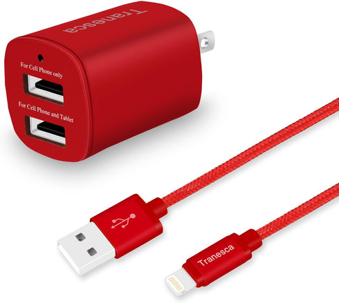 Dual USB Wall Charger and 6ft Charging Cable for iPhone 14 13 12 11 Pro Max, SE,Xs/Xs Max, XR/8/7/6S/6S Plus/6 Plus/6 and Samsung, LG, Moto - Red...