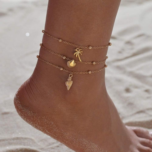 Boho Shell Anklet Bracelet Chain Gold Coconut Tree Ankle Conch Anklets Adjustable Handmade Beaded Chain Foot Jewelry Accessories for Women and Gir...