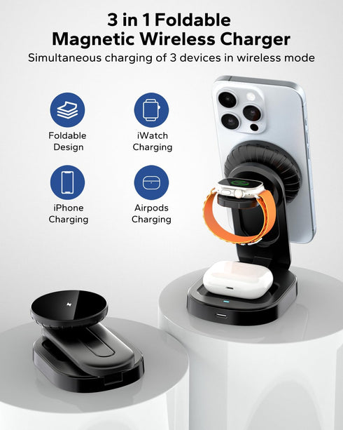 KPON 3 in 1 Wireless Charging Station for Apple Mag-Safe, Magnetic Wireless Charger Stand Foldable for Multiple Devices,Travel Charging Dock for i...