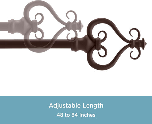 Kenney KN65407 Serena Large Plastic Heart Scroll End Standard Decorative Window Curtain Rod, 48-84" Adjustable Length, Chocolate Finish, 5/8" Diam...