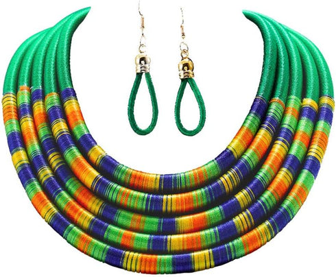 African Necklace Earrings Set Multilayer Woven Rope Choker Layered Strand Collar Statement Jewelry Accessories for Women and Girls...