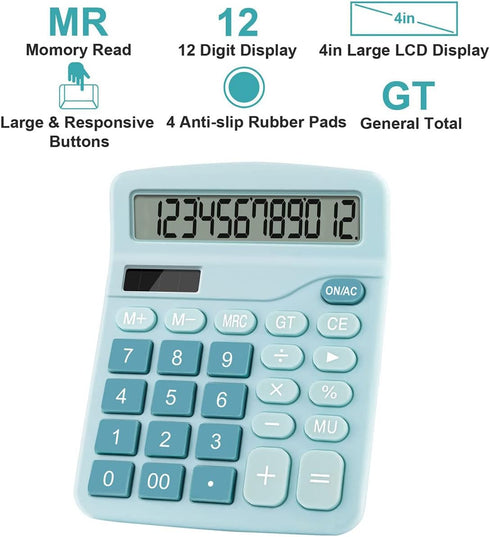 Office Calculators Desktop, 12-Digit Dual Power Cute Calculator with Large LCD Display Big Button for Office Home and School (Blue)...