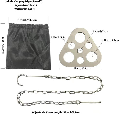 Camping Tripod Board?Turn Branches into Campfire Tripod ?Stainless Steel Campfire Support Plate with Adjustable Chain?for Hanging Cookware,Portabl...