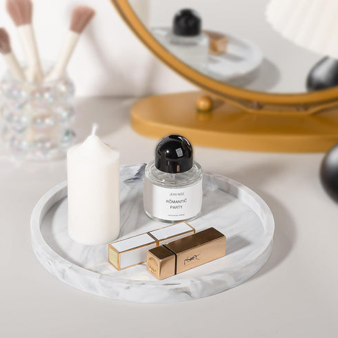 9" Round Bathroom Tray Decorative Vanity Tray Silicone Soap Holder Kitchen Countertop Organizer Coffee Table Decor for Candle, Perfume, Plant - Ma...