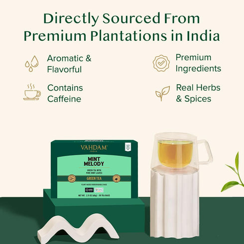 VAHDAM, Mint Green Tea Bags (30 Count) 100% Pure Leaf Tea, High Grown, Low Caffeine, Non GMO, Gluten Free | Individually Wrapped Plant-Based Pyram...