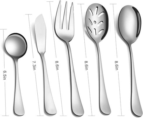 5-Piece 18/0 Stainless Steel Serving Set,Large Hostess Set with Round Edge,Mirror Finished,Dishwasher Safe -Spoons, Forks,Butter Knife& Slotted Sp...