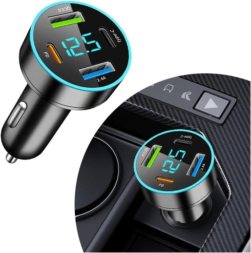 4-in-1 Fast Car Charger,PD/QC3.0/Type C Car Charger Fast Charging,Universal Car Phone Charger Cigarette Lighter USB Charger with Blue LED & Voltme...
