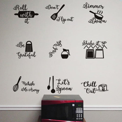 9PCS Kitchen Quotes Wall Decal, Roll It Let’s Spoon Sticker, Black Cooking Utensils Wall Art for Kitchen Dining Room Fridge Restaurant Decor...